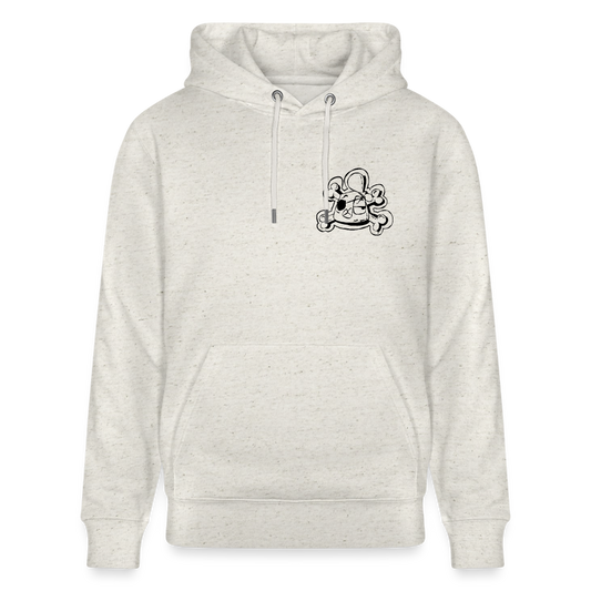 Pirate Andy. Uniseks bio-hoodie. Front & back - beige gemêleerd