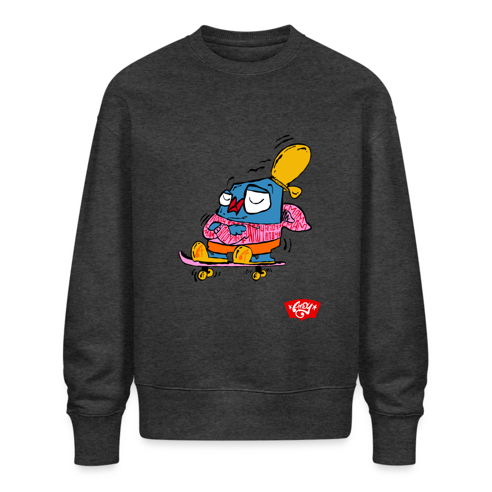 Skating with an attitude. Uniseks oversize bio-sweater - donkergrijs gemêleerd